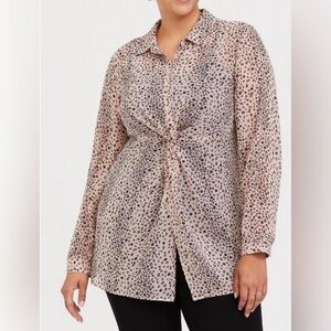 Torrid Chiffon Twist Tunic Shirt Long Sleeve Animal Leopard Print Pink Size 1 1X